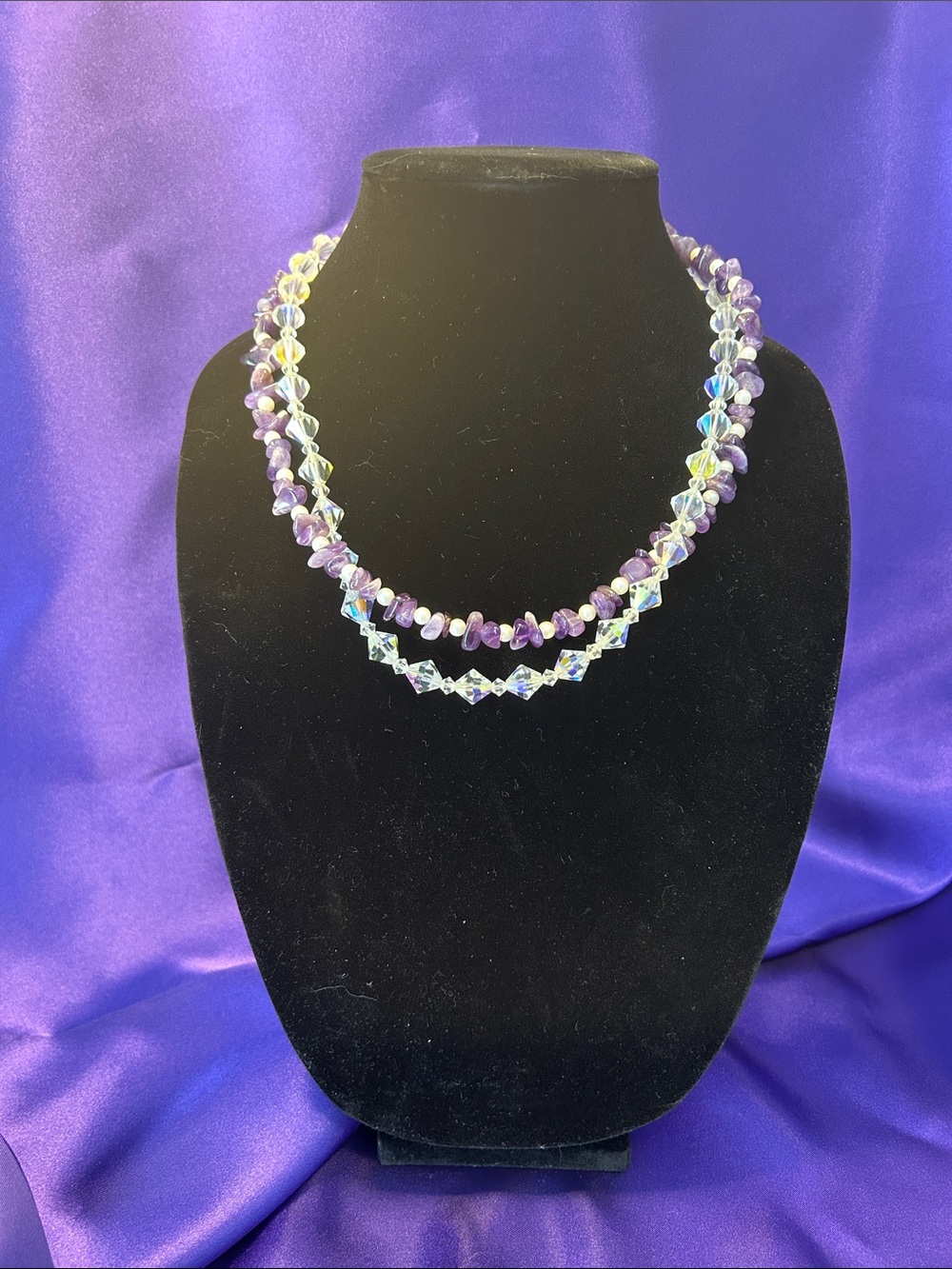 Vintage handcrafted natural stone and crystal bead necklace